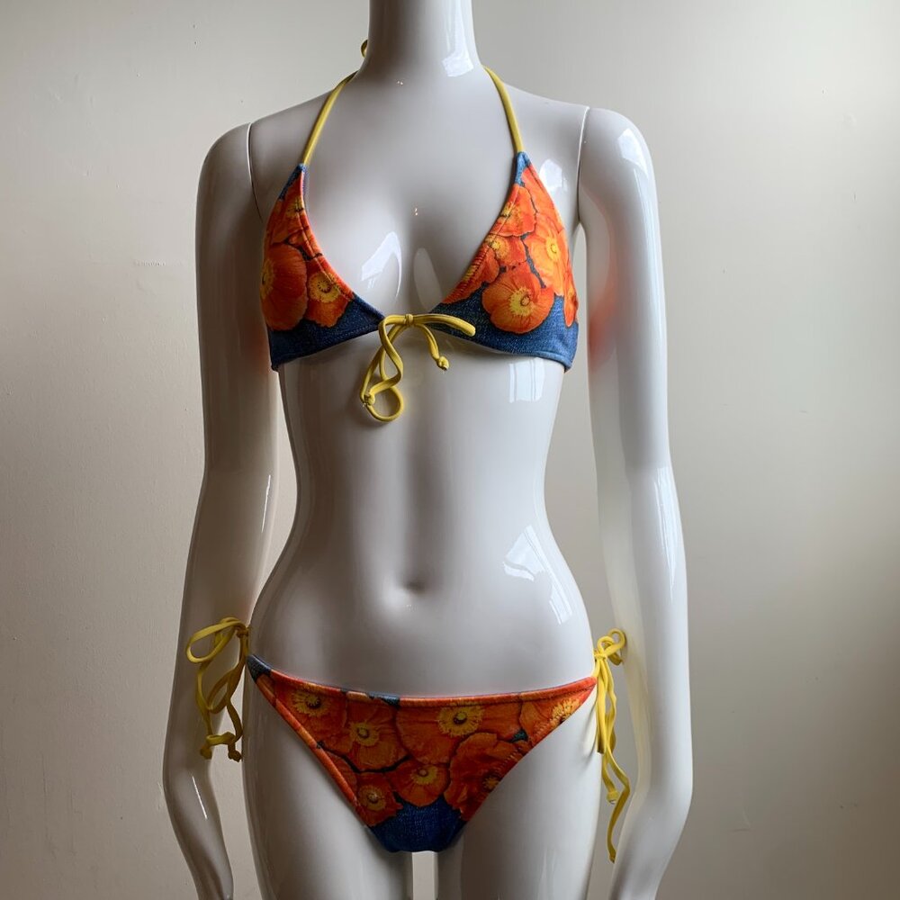 Aaron Chang denim orange floral reversible bikini